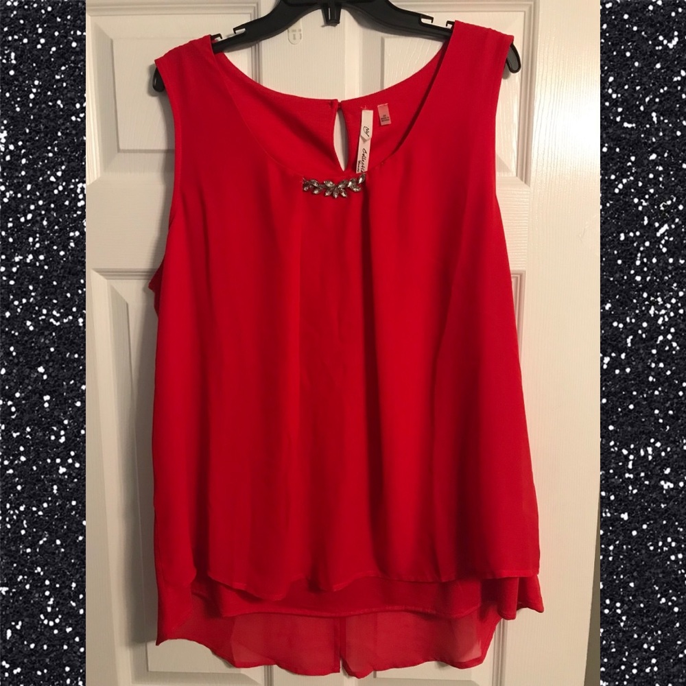 NY Collection Red Blouse w/ Neckline Bead Detail
